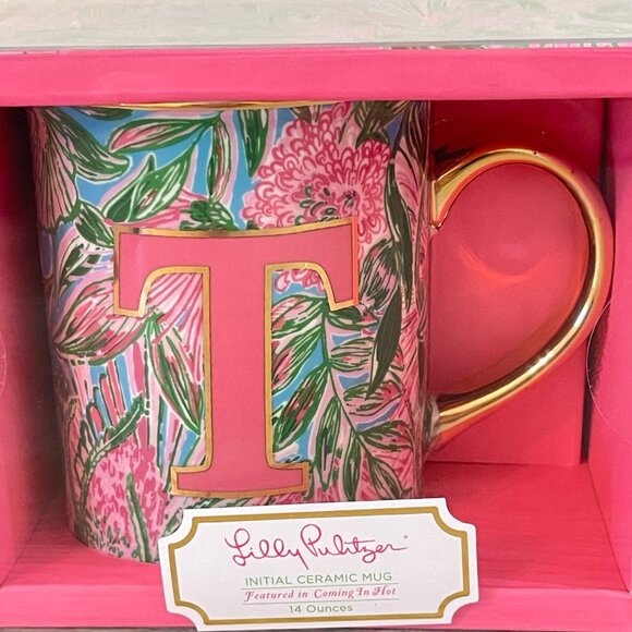 New Lilly Pulitzer Mug Cup Initial T Ceramic 14 Ounces NWT - Picture 2 of 4
